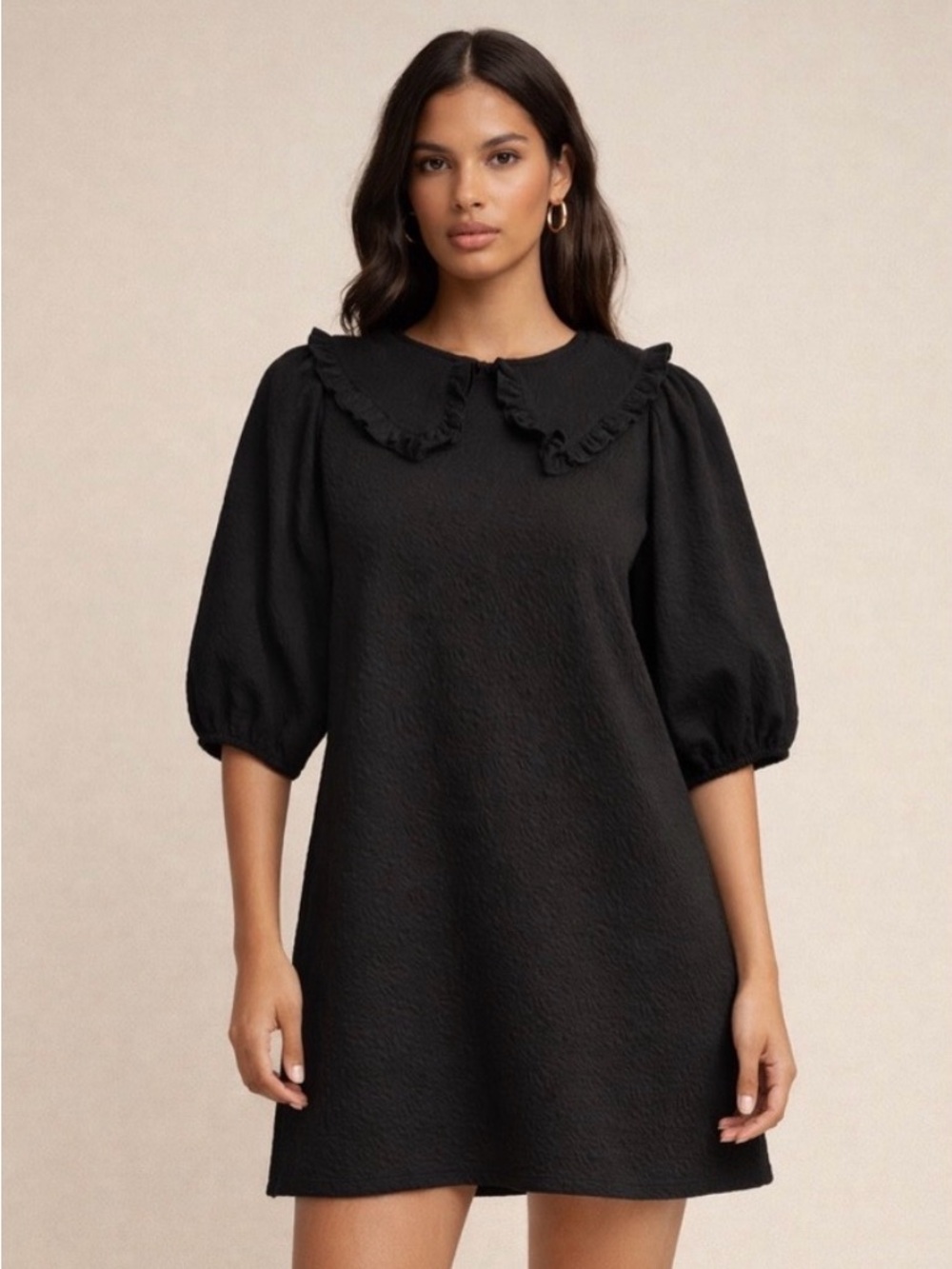 Zara Black Ruffle Collar Puff-Sleeve Mini Dress